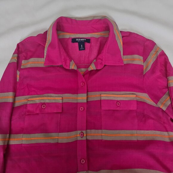 Old Navy Pink Stripe Chest Pockets Button Front Long Sleeve Shirt Women's Medium - Picture 4 of 16